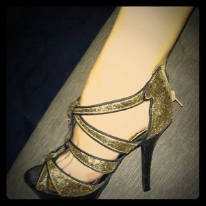 Guess Gold and Black Strappy Heels